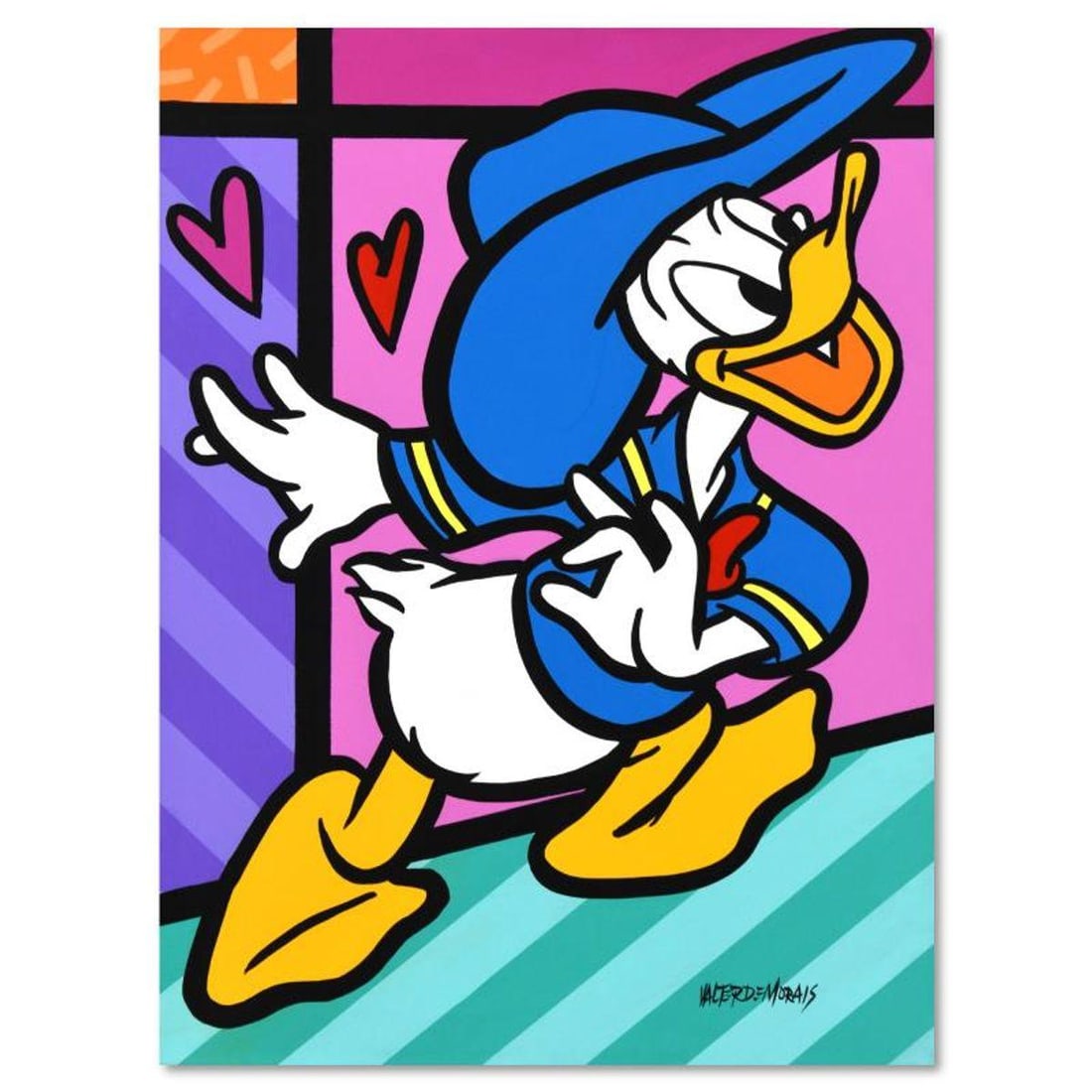 Valter Morais, "Donald Duck" Original Acrylic Painting on Canvas, Hand Signed with Letter of: Donald Duck is an original acrylic painting on stretched canvas by Valter Morais, hand signed by the artist. Includes Letter of Authenticity. Measures approx. 18" x 24" (image).