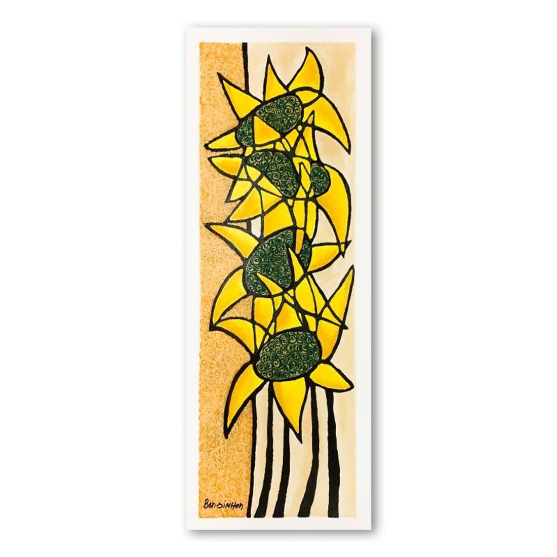 Ben Simhon, "Sunflower Trio" Hand Signed Limited Edition Serigraph on Paper with Letter of: Sunflower Trio is a limited edition serigraph on paper by Ben Simhon. It is numbered and hand signed and includes a letter of authenticity. Measures approximately 8.5" x 26.5" (image). Reference#: 898