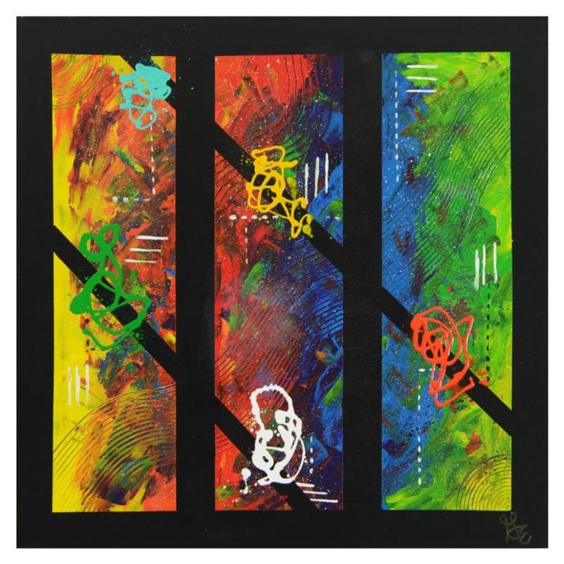 George Marlowe, "Triple Threat" Hand Signed Original Acrylic Painting on Canvas with Certificate of: Triple Threat is a hand signed original acrylic painting on canvas by George Marlowe. This piece comes gallery wrapped and includes a Certificate of Authenticity. Measures approx. 26" x 26".