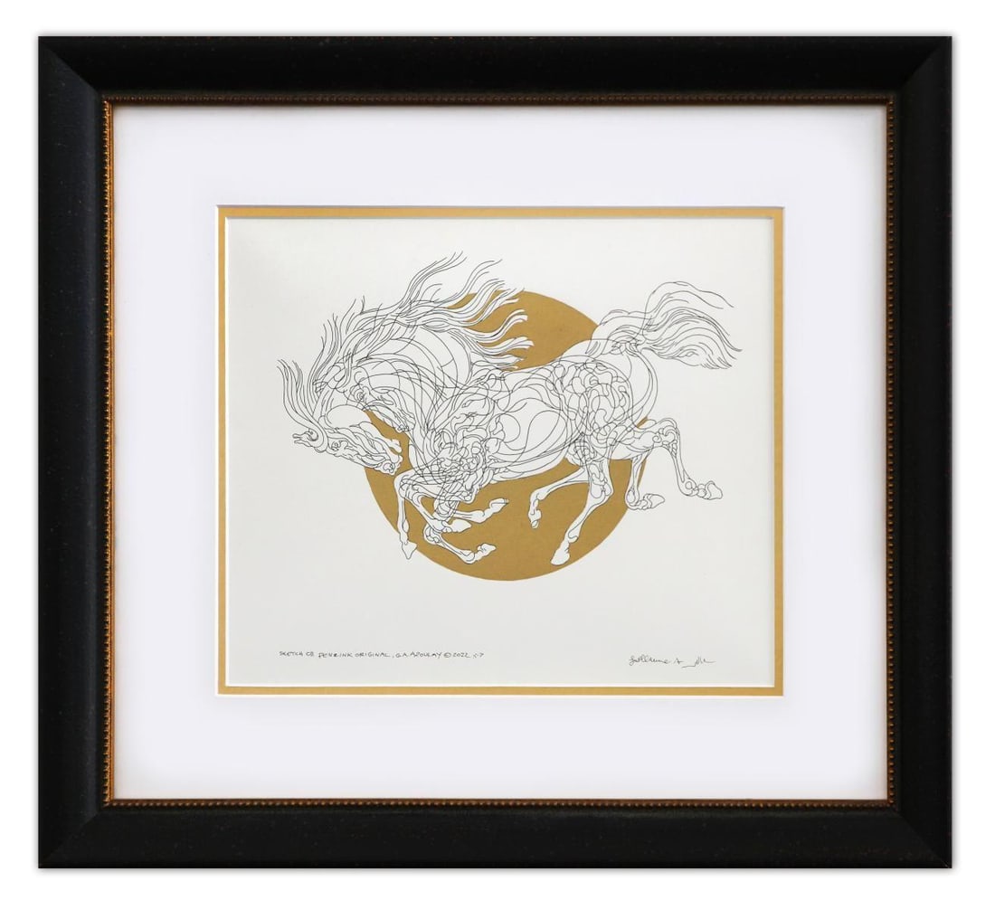 Guillaume Azoulay- Original pen and ink with hand laid gold leaf "Sketch CD": Artist: Guillaume Azoulay. Medium: Original pen and ink with hand laid gold leaf. Title: Sketch CD. Size: 11" x 13". Measures approx. 20" x 22" (framed). Signature: Hand Signed by the artist. Certific