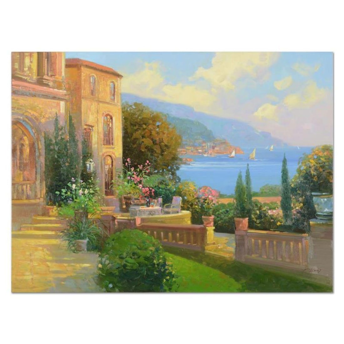 Ming Feng, "Majestic Riviera" Original Oil Painting on Canvas, Hand Signed with Letter of: Majestic Riviera is an original oil painting on stretched canvas by Ming Feng, hand signed by the artist. Includes Letter of Authenticity. Measures approx. 40" x 30" (image).