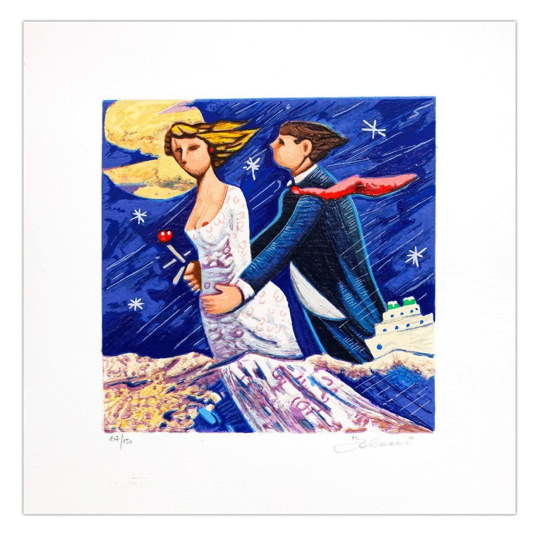 Giampaolo Talani- SIlkscreen on Paper "Sposi Marini": Artist: Giampaolo Talani. Medium: SIlkscreen on Paper. Title: Sposi Marini. Size: 8" x 8". Signature: Hand Signed and numbered. Certificate of Authenticity: Is included. Additional: Edition number mig