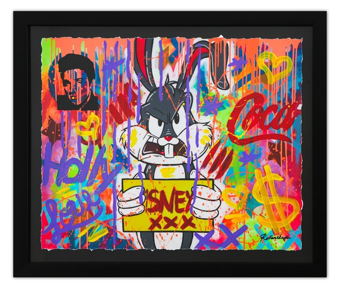 Nastya Rovenskaya- Original Mixed Media on Paper "Angry Rabbit": Artist: Nastya Rovenskaya. Medium: Original Mixed Media on Paper. Title: Angry Rabbit. Size: 23" x 29". Measures approx. 29" x 35" (framed). Signature: Hand Signed by the artist. Certificate of Authen
