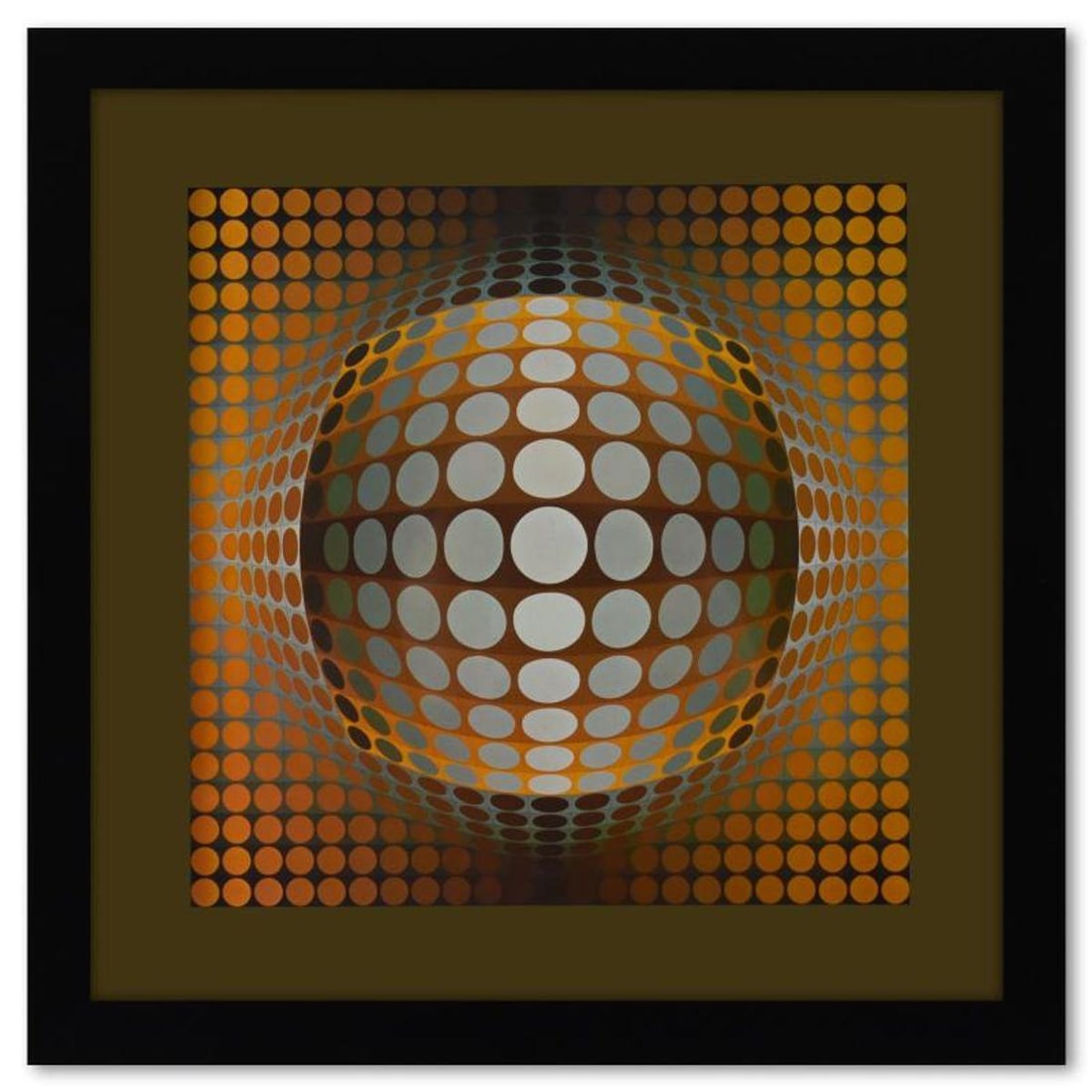 Victor Vasarely (1908-1997), "Vega - Zett - 2 de la serie Structures Universelles Du Damier" Framed: Vega - Zett - 2 de la serie Structures Universelles Du Damier is a heliogravure print on paper, published in 1975, by Victor Vasarely (1908-1997). This piece comes custom framed, with a letter of auth