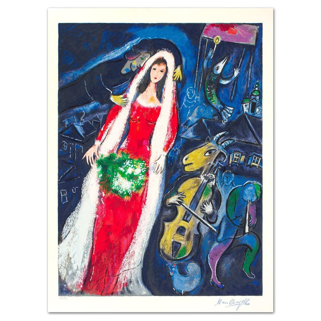 Marc Chagall- Serigraph "Maries Au Village": Artist: Marc Chagall. Medium: Serigraph. Title: Maries Au Village. Size: 31.5" x 24". Signature: Stamp signed and numbered. Certificate of Authenticity: Is included. Additional: Printed by ATELIER "KE