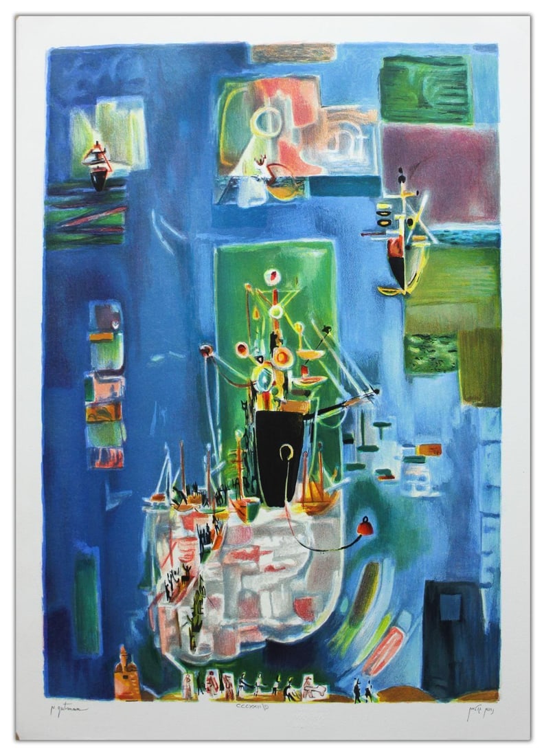 Nachum Gutman- Original Lithograph "Blue Ships": Artist: Nachum Gutman. Medium: Original Lithograph. Title: Blue Ships. Size: 27.5" x 20". Signature: Hand Signed and Numbered by the Artist. Certificate of Authenticity: Is Included. Reference#: