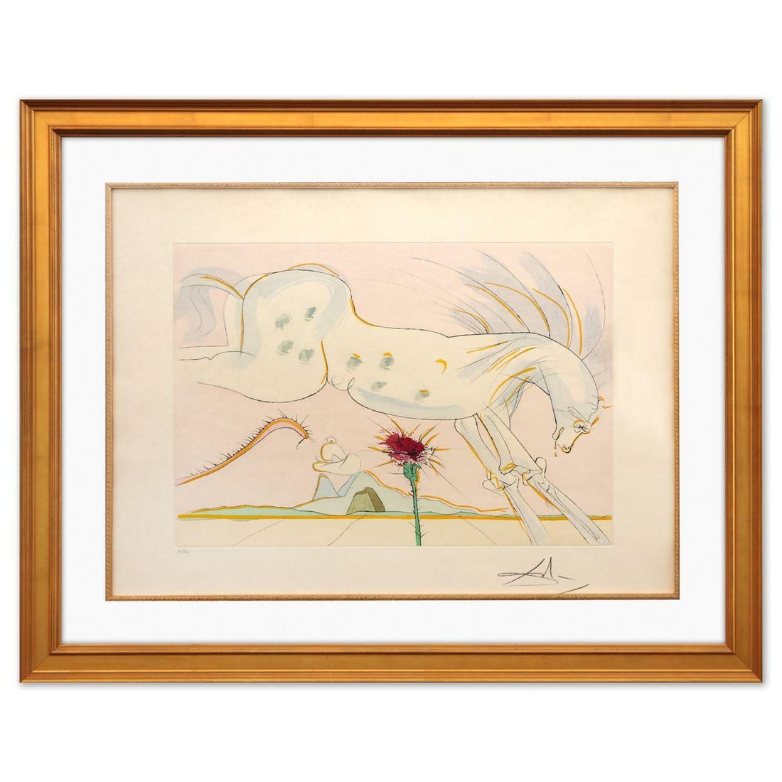 Salvador Dali- Original Lithograph "The Horse and the Wolf": Artist: Salvador Dali. Medium: Original Lithograph. Title: The Horse and the Wolf. Size: 21" x 29". Measures approx. 30" x 38" (framed). Signature: Hand signed and numbered. Certificate of Authenticit