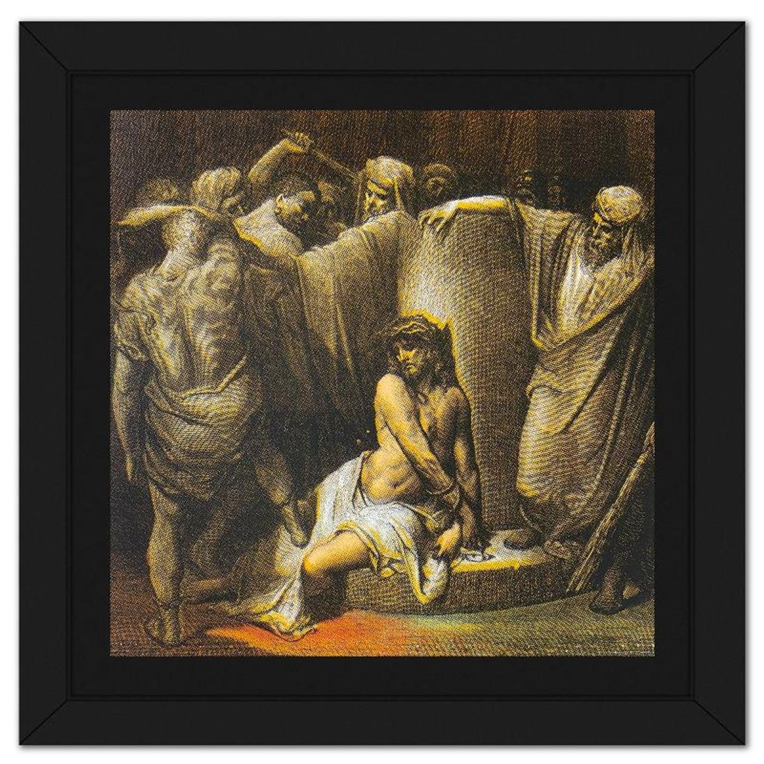 Steve Kaufman (1960-2010), "Jesus in Thorns" Framed Hand Embellished Limited Edition Silscreen,: Jesus in Thorns is a hand embellished limited edition silkscreen on canvas by Andy Warhol protege, Steve Kaufman (1960-2010), numbered AP 21/50 inverso and hand signed by the artist. This piece comes 