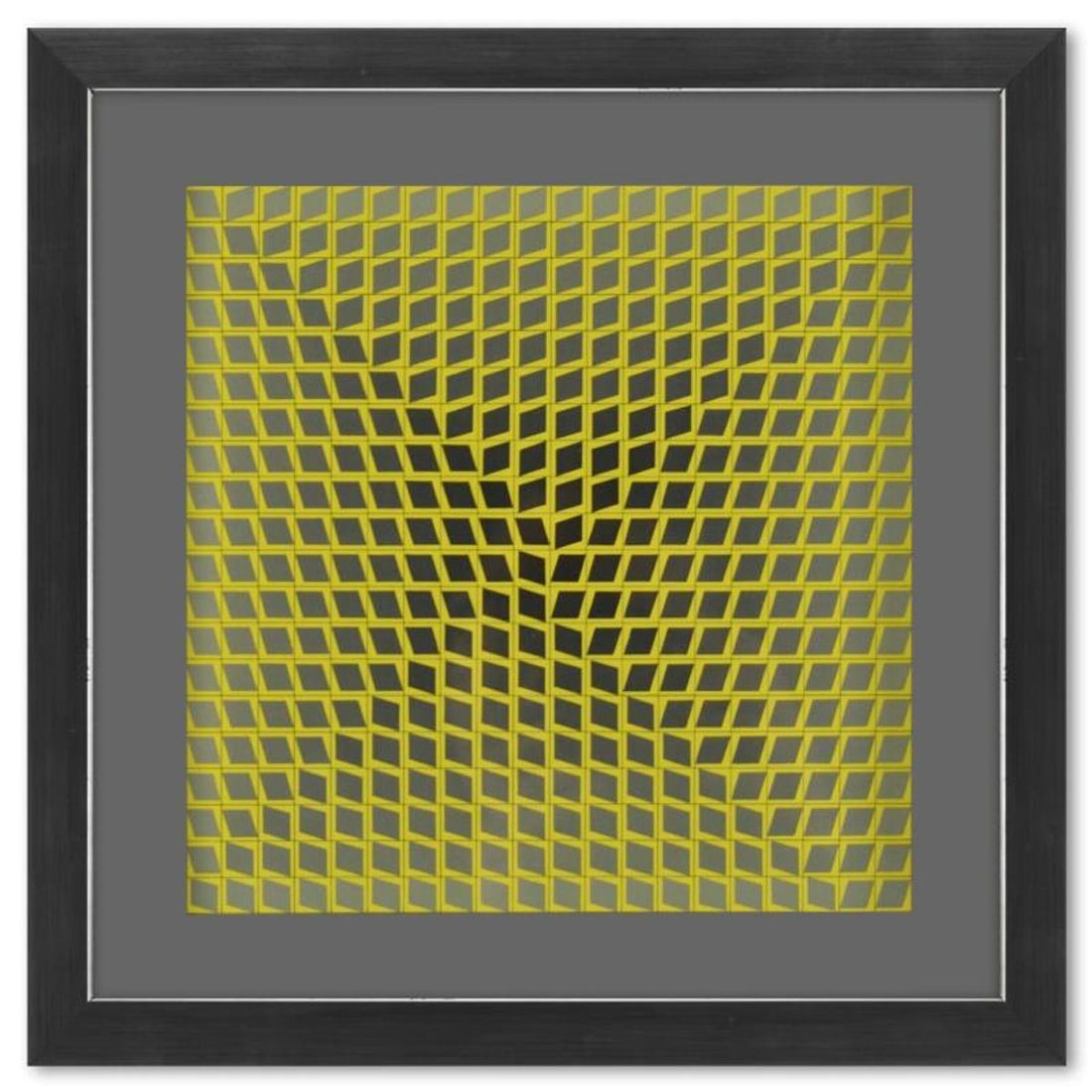 Victor Vasarely (1908-1997), "Illik de la serie CTA - 102" Framed 1971 Heliogravure Print with: Illik de la serie CTA - 102 is a heliogravure print on paper, published in 1971, by Victor Vasarely (1908-1997). This piece comes custom framed, with a letter of authenticity and with a 1976 Vasarely 