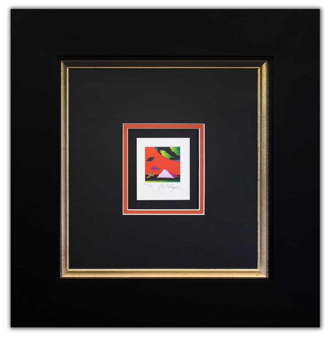 Peter Max- Original Lithograph "Jumper with Two Pyramids (Mini)": Artist: Peter Max. Medium: Original Lithograph. Title: Jumper with Two Pyramids (Mini). Size: 3.5" x 3". Measures approx. 18" x 17.5" (framed). Signature: Hand Signed and Numbered by the artist. Certi