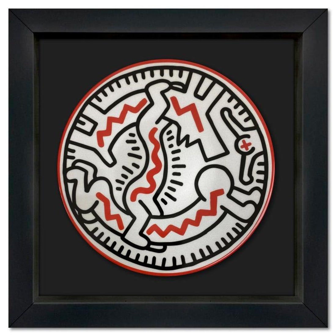 Keith Haring (1958-1990), "Man-Dog" Framed Limoges Porcelain Plate.: Man-Dog is a Limoges porcelain plate bearing the plate signature inverso of Keith Haring (1958-1990). This plate is custom framed and floated on linen. Measures approx. 13.5" x 13.5" (frame), 8.5" (pl