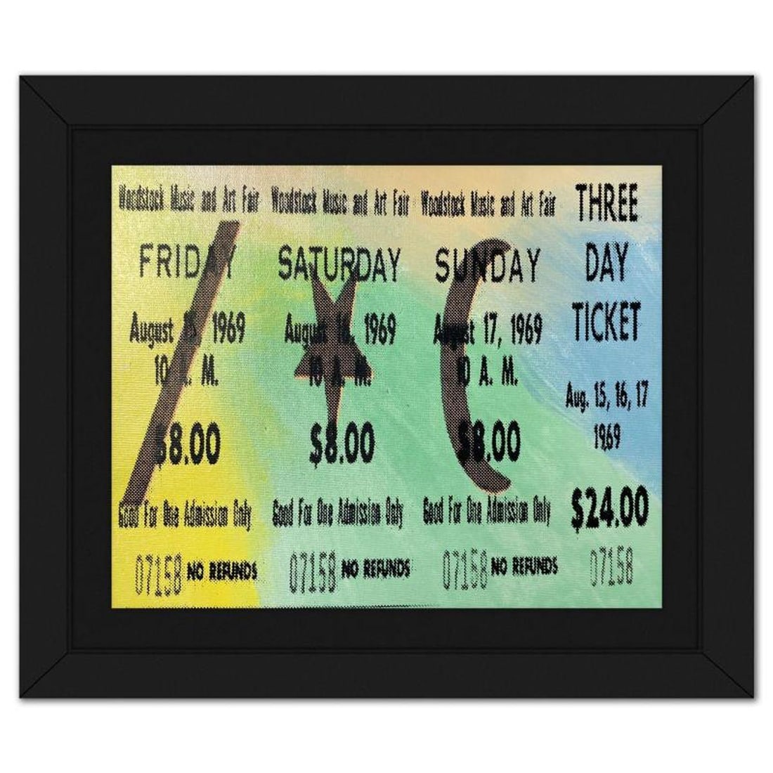 Steve Kaufman (1960-2010), "Woodstock Ticket" Framed Hand Embellished Limited Edition Silscreen,: Woodstock Ticket is a hand embellished limited edition silkscreen on canvas by Andy Warhol protege, Steve Kaufman (1960-2010), numbered 5/50 inverso and hand signed by the artist. This piece comes cus