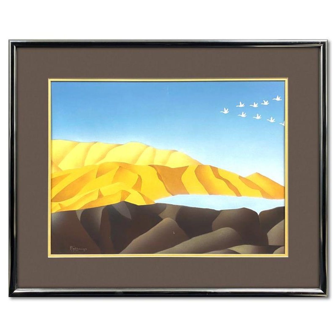 William Schlesinger (1915-2011), "The Flight" Framed Original Mixed Media Airbrush Painting, Dated: The Flight is an original mixed media airbrush painting on paper by William Schlesinger (1915-2011), dated 1987 and hand signed by the artist. This piece comes framed. Includes Letter of Authenticity.
