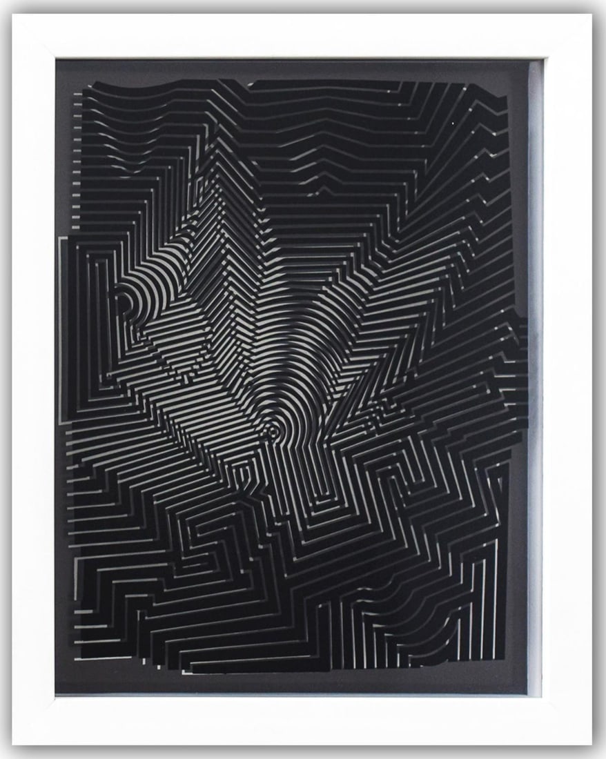 Victor Vasarely- 3D Wall Sculpture/object "Cinetiques": Artist: Victor Vasarely. Medium: 3D Wall Sculpture/object. Title: Cinetiques. Size: 11" x 9". Measures approx. 13" x 10.5" (framed). Additional: Custom Framed. 2 layers- Top layer printed on clear Luc