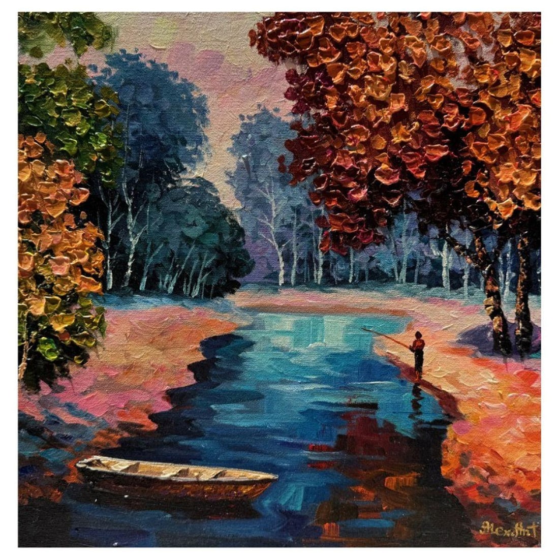 Alexander Antanenka, "Fishing At Dawn" Hand Signed Original Painting on Canvas with Letter of: Fishing At Dawn is an original oil painting on stretched canvas by Alexander Antanenka. Hand signed by the artist, the piece comes with a letter of authenticity. Measures approximately 18" x 18" (imag