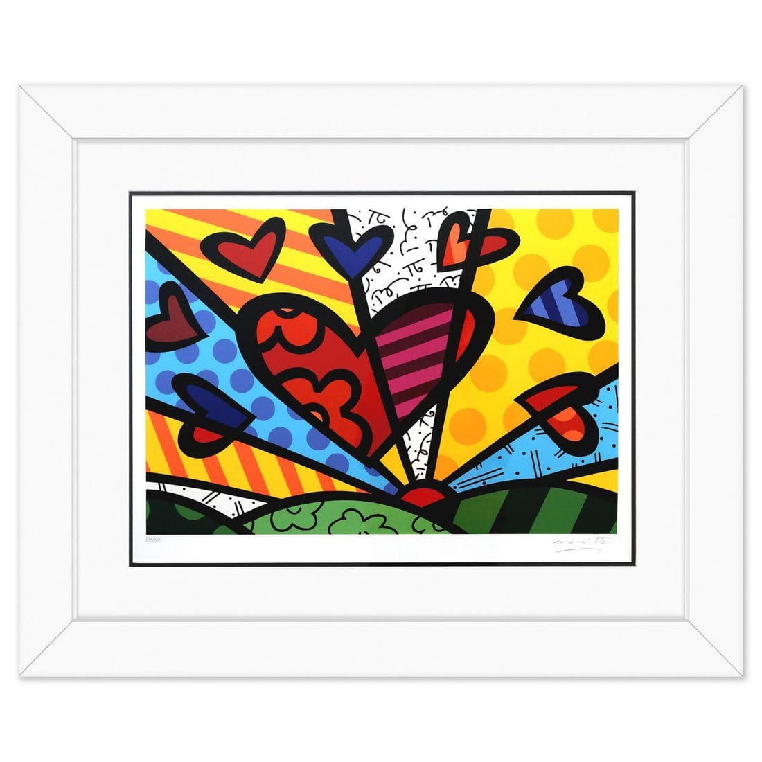 Romero Britto- Serigraph "A New Day": Artist: Romero Britto. Medium: Serigraph. Title: A New Day. Size: 18" x 25". Measures approx. 29" x 36" (framed). Signature: Hand signed and numbered. Certificate of Authenticity: Is included. Additio