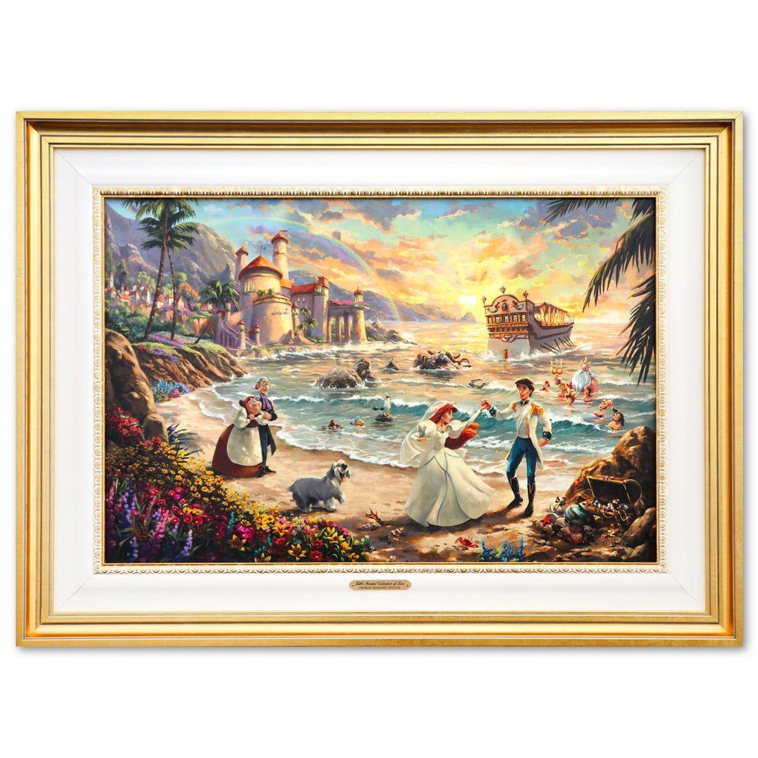 Thomas Kinkade- Hand Embellished Giclee on Canvas "Little Mermaid Celebration of Love": Artist: Thomas Kinkade. Medium: Hand Embellished Giclee on Canvas. Title: Little Mermaid Celebration of Love. Size: 17" x 26.5". Measures approx. 25.5" x 34.5" (framed). Signature: Hand signed and num