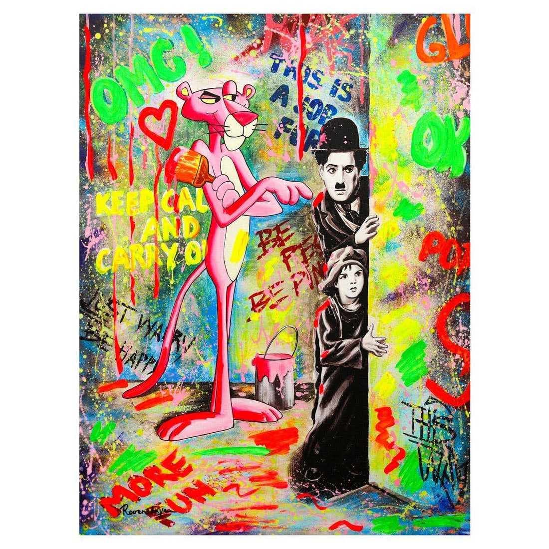 Nastya Rovenskaya- Mixed Media on Canvas "Caught Trying to Sneak In": Artist: Nastya Rovenskaya. Medium: Mixed Media on Canvas. Title: Caught Trying to Sneak In. Size: 40" x 30". Signature: Hand Signed. Certificate of Authenticity: Is included. Reference#: 26457.