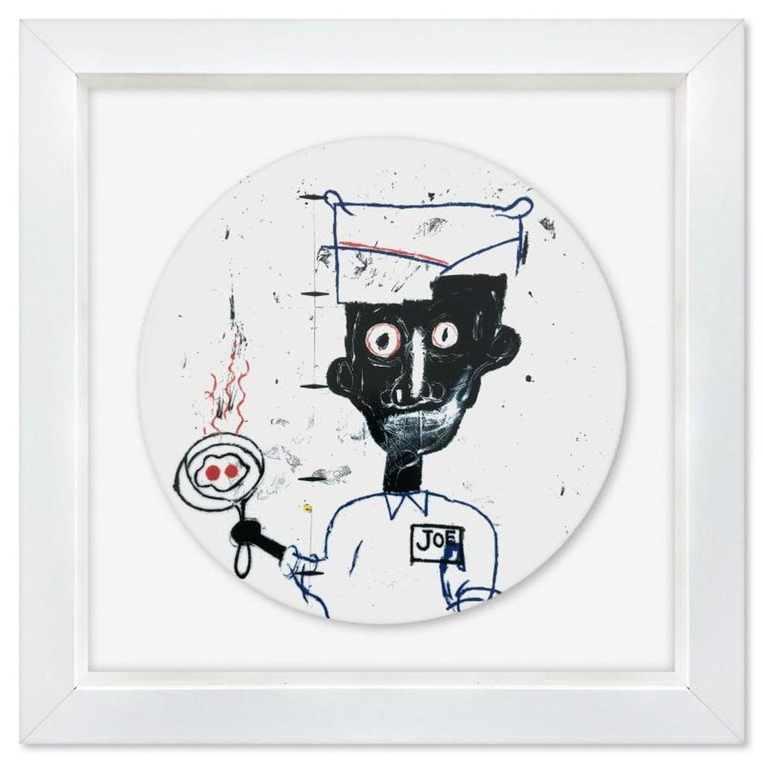 Jean-Michel Basquiat (1960-1988), "Eyes and Eggs 1983" Framed Limoges Porcelain Plate.: Eyes and Eggs 1983 is a Limoges porcelain plate bearing the plate signature inverso of Jean-Michel Basquiat (1960-1988). This plate is custom framed and floated on linen. Measures approx. 16" x 16" (f