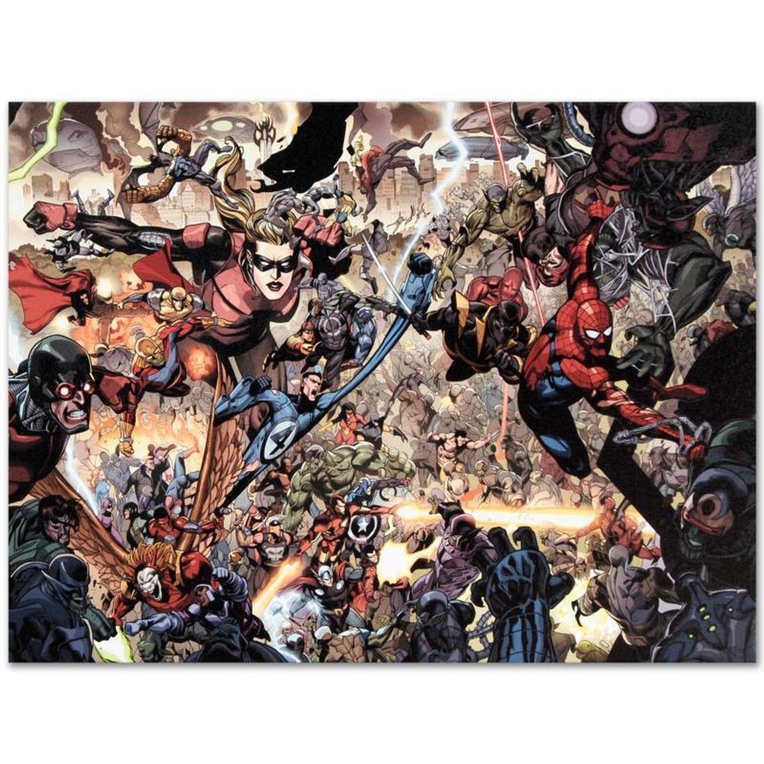 Marvel Comics "Secret Invasion #7" Numbered Limited Edition Giclee on Canvas by Leinil Francis Yu: A piece of comic book history, this limited edition, from original art by Leinil Francis Yu, depicts classic characters such as Spider-Man, Ronin, Stature, Mr. Fantastic, and many others. After winnin