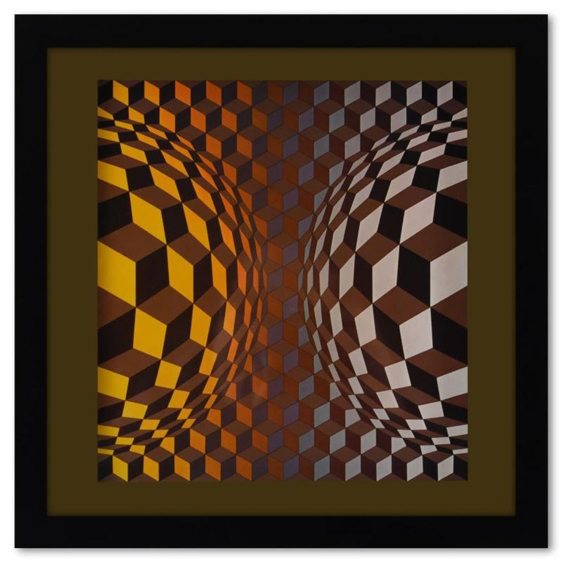 Victor Vasarely (1908-1997), "Cheyt - OND de la serie Structures Universelles De L'Hexagone" Framed: Cheyt - OND de la serie Structures Universelles De L'Hexagone is a heliogravure print on paper, published in 1975, by Victor Vasarely (1908-1997). This piece comes custom framed, with a letter of auth