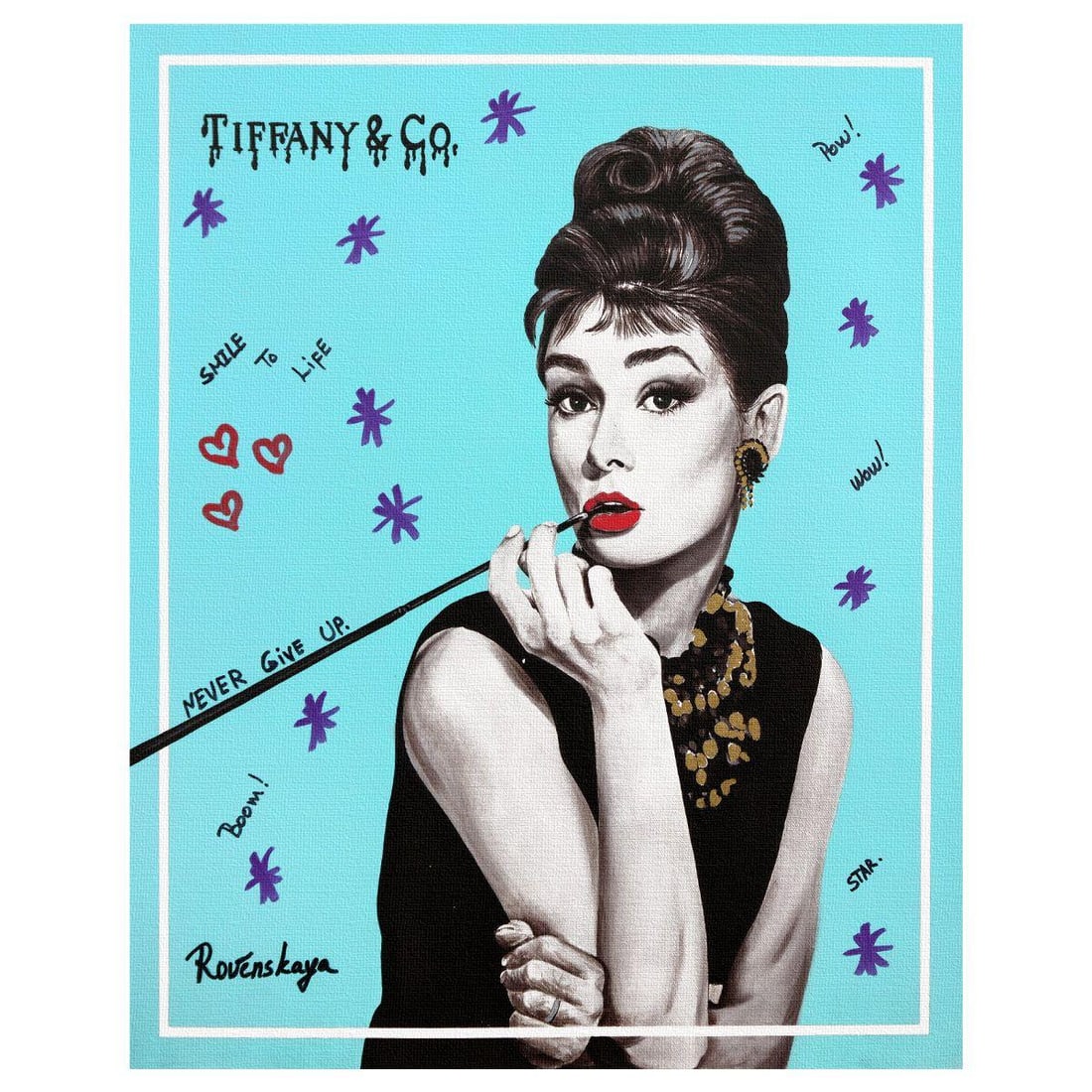 Nastya Rovenskaya- Original Mixed Media on Canvas "Audrey I": Artist: Nastya Rovenskaya. Medium: Original Mixed Media on Canvas. Title: Audrey I. Size: 20" x 16". Signature: Hand Signed by the artist. Certificate of Authenticity: From the publisher. Reference#: 