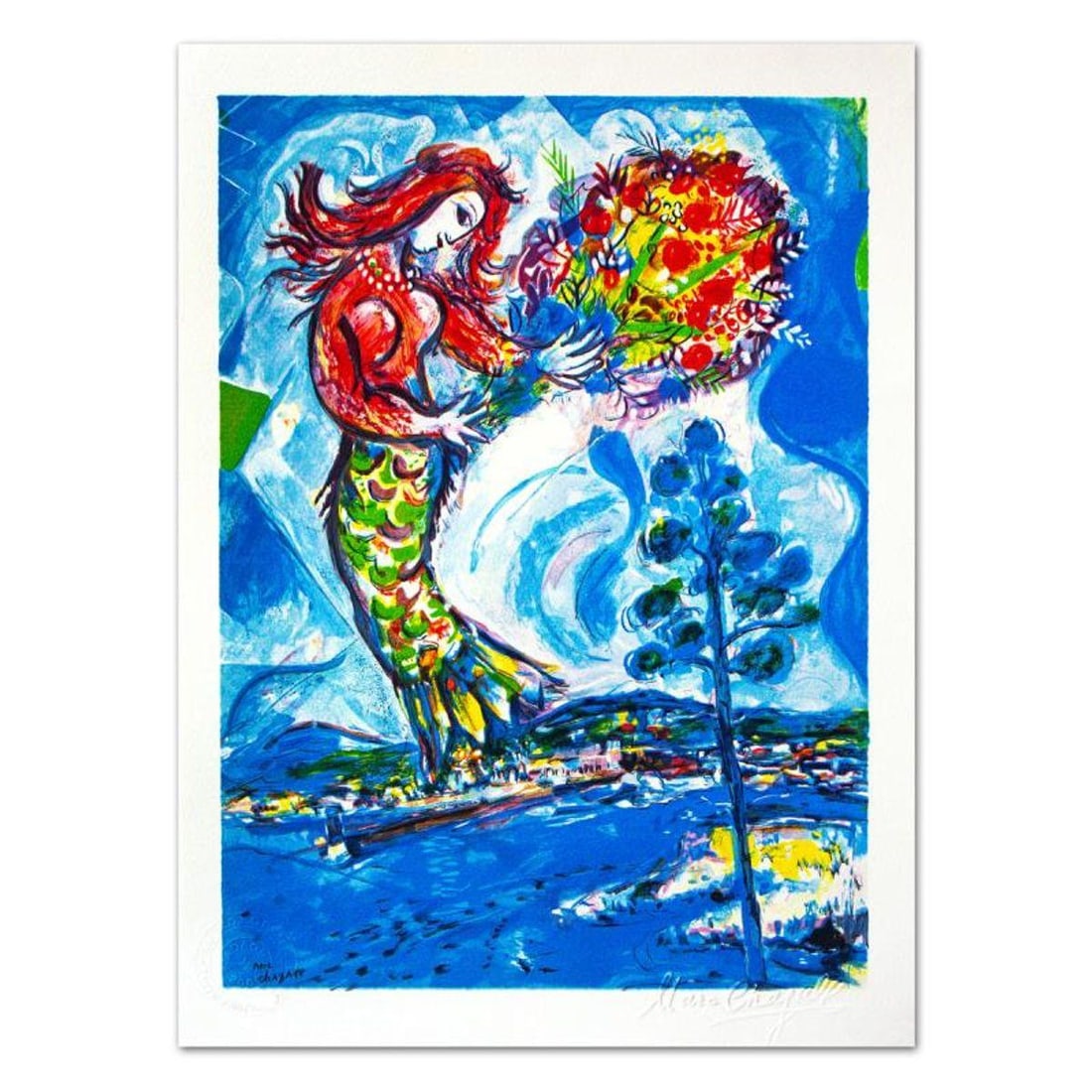 Marc Chagall (1887-1985), "La Sirene Au Pin" Limited Edition Lithograph with Letter of Authenticity.: La Sirene Au Pin is a limited edition lithograph on paper by Marc Chagall (1887-1985). Printed by Atelier Tete a Tete in Paris and authorized by the Chagall Estate and ADAGP Paris , the piece is plate