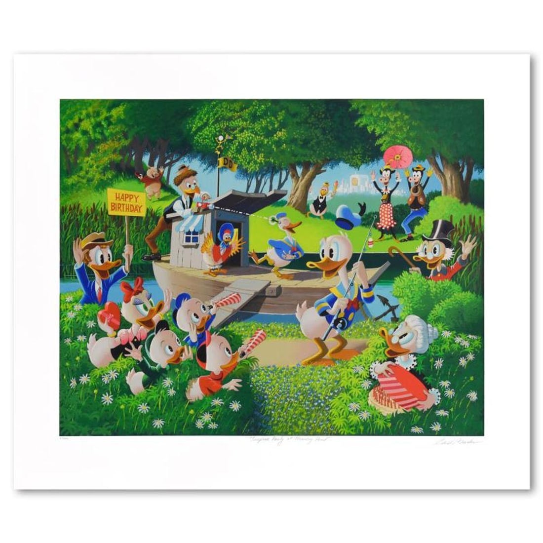 Carl Barks (1901-2000), "Surprise Party at Memory Pond" Limited Edition Serigraph from Disney Fine: Surprise Party at Memory Pond is a limited edition serigraph on on paper by Carl Barks (1901-2000), numbered and hand signed by the artist. This piece is licensed by Disney Fine Art. Includes Letter o