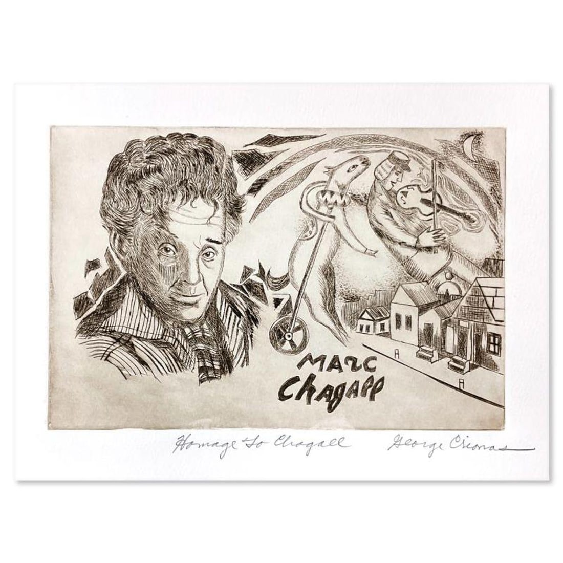 George Crionas (1925-2004), "Homage to Chagall" Limited Edition Etching, Numbered and Hand Signed: Homage to Chagall is a limited edition etching on paper by George Crionas (1925-2004), numbered and hand signed by the artist. Includes Letter of Authenticity. Measures approx. 14" x 11" (border); 9" 
