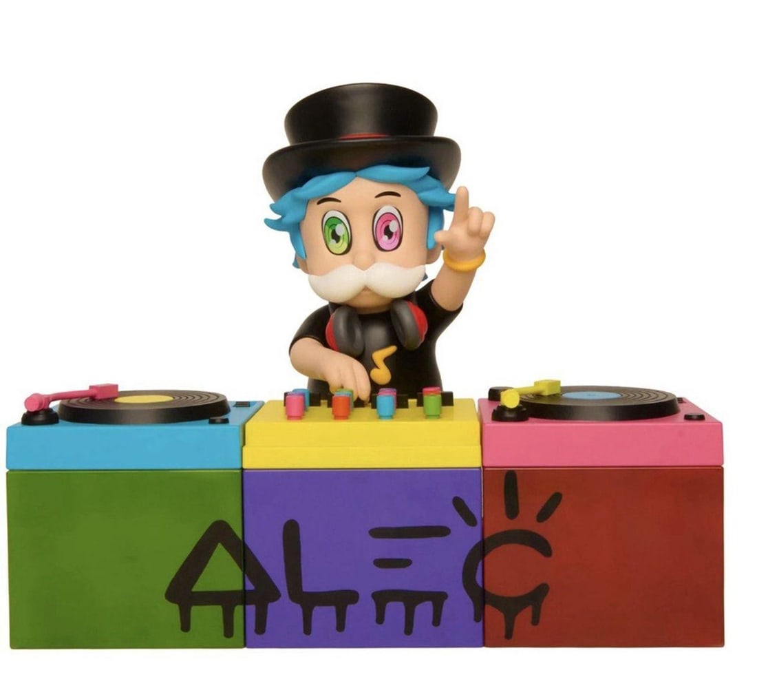 Alec Monopoly- Cast Vinyl "DJ Monopz": Artist: Alec Monopoly. Medium: Cast Vinyl. Title: DJ Monopz. Size: 14" x 11". Signature: Hand signed and numbered. Certificate of Authenticity: Is included. Additional: Edition of 200. 14 × 11 × 7.5