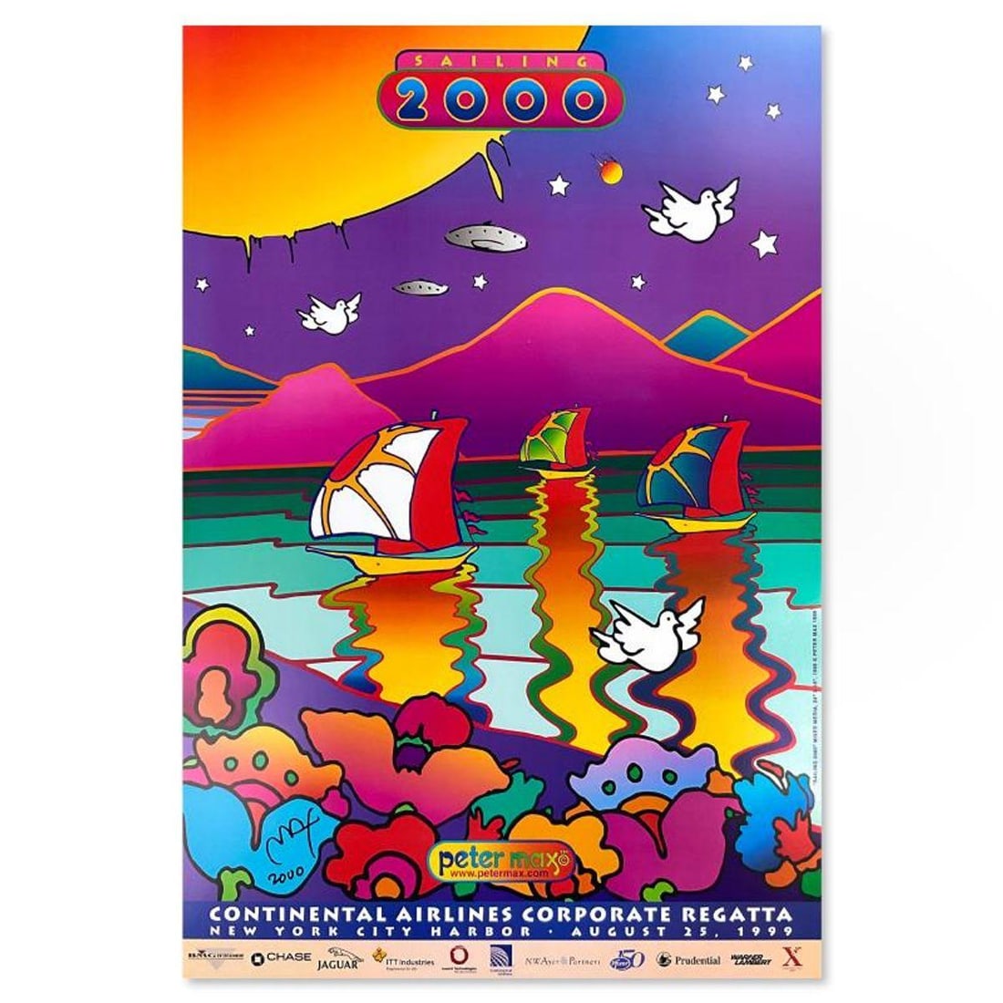 Peter Max, "Sailing" Hand Signed Poster with Letter of Authenticity.: Sailing is a poster on paper by Peter Max, hand signed by the artist. Includes Letter of Authenticity. Measures approx. 24" x 18" (image). Reference#: 92634.