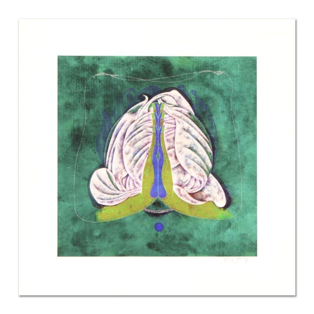 Lu Hong "Mudra Namskara, Prayer" Hand Signed Limited Edition Giclee with Letter of Authenticity.: Mudra Namskara, Prayer is an limited edition giclee on canvas, by Lu Hong. Hand signed by the artist, this piece comes with a letter of authenticity. The frame is damaged and will need to be repaired 