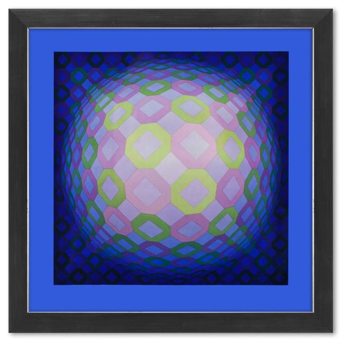 Victor Vasarely (1908-1997), "Okta - Pos de la serie Structures Universelles De L'Octogone" Framed: Okta - Pos de la serie Structures Universelles De L'Octogone is a heliogravure print on paper, published in 1975, by Victor Vasarely (1908-1997). This piece comes custom framed, with a letter of authe