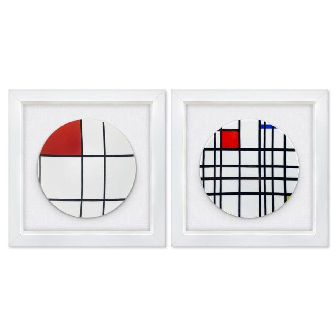 Piet Mondrian (1872-1944), "Composition with Yellow, Blue & Red and Composition B with Red" Framed: Composition with Yellow, Blue & Red and Composition B with Red is a 2-piece Limoges porcelain plate set by Piet Mondrian (1872-1944). These plates come custom framed and floated on linen. Measures app