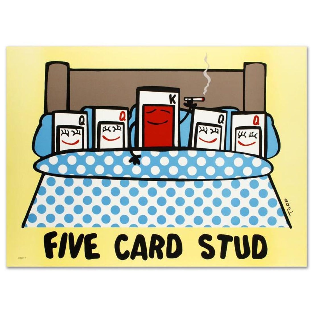 Five Card Stud Limited Edition Lithograph by Todd Goldman, Numbered and Hand Signed with Certificate: Pop artist Todd Goldman is known all across the globe for his whip-smart and wickedly funny puns and pictures! "Five Card Stud" is a limited edition lithograph on paper, numbered and hand signed by To