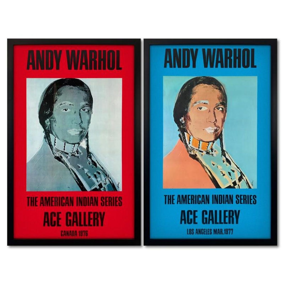 Andy Warhol (1928-1987), "The American Indian Series 2 Piece Set (Red & Blue)" Framed Vintage: The American Indian Series (Red & Blue) is a 2 piece set of vintage posters by Andy Warhol (1928-1987) from the Ace Gallery, Los Angeles, CA. This set comes custom framed. Includes Letter of Authentic