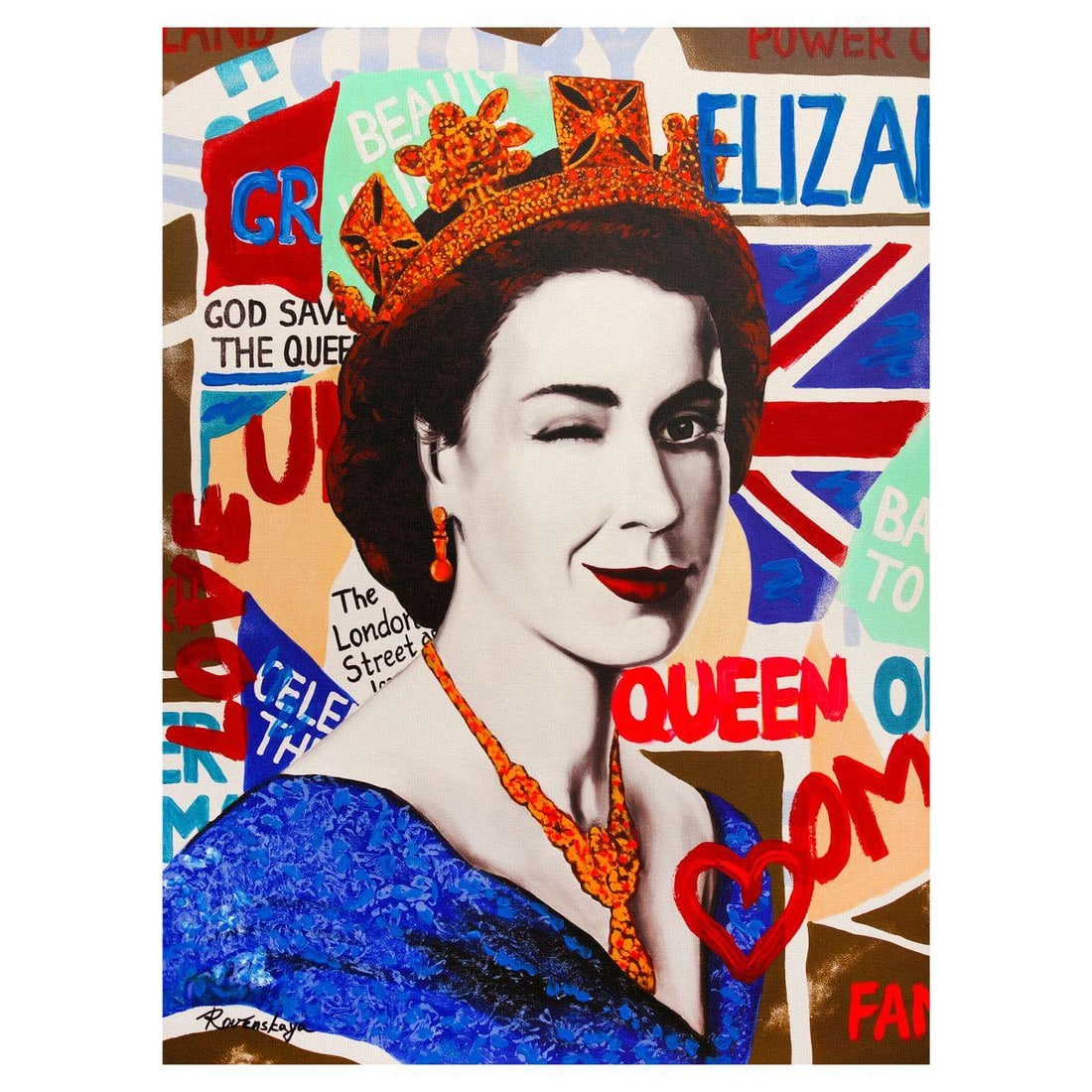 Nastya Rovenskaya- Mixed Media on Canvas "Queen Elizabeth": Artist: Nastya Rovenskaya. Medium: Mixed Media on Canvas. Title: Queen Elizabeth. Size: 40" x 30". Signature: Hand signed. Certificate of Authenticity: Is included. Reference#: 49437.