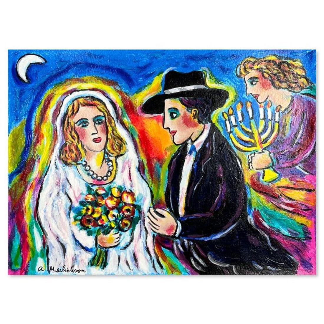 Alex Meilichson, "Moonlight Wedding" Hand Signed, Numbered Limited Edition Serigraph with Letter of: Moonlight Wedding is a limited edition serigraph on paper by Alex Meilichson. The piece comes hand signed by the artist, numbered, and with a letter of authenticity. Measures approximately 9" x 12". R