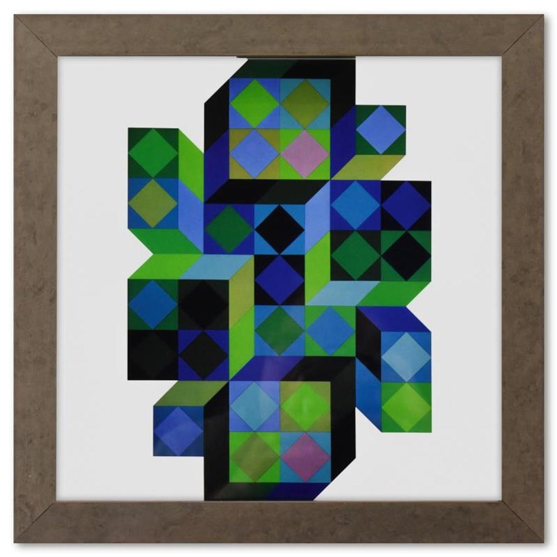 Victor Vasarely (1908-1997), "Tridim - B de la serie Hommage A L'Hexagone" Framed 1971 Heliogravure: Tridim - B de la serie Hommage A L'Hexagone is a heliogravure print on paper, published in 1971, by Victor Vasarely (1908-1997). This piece comes custom framed, with a letter of authenticity and with 