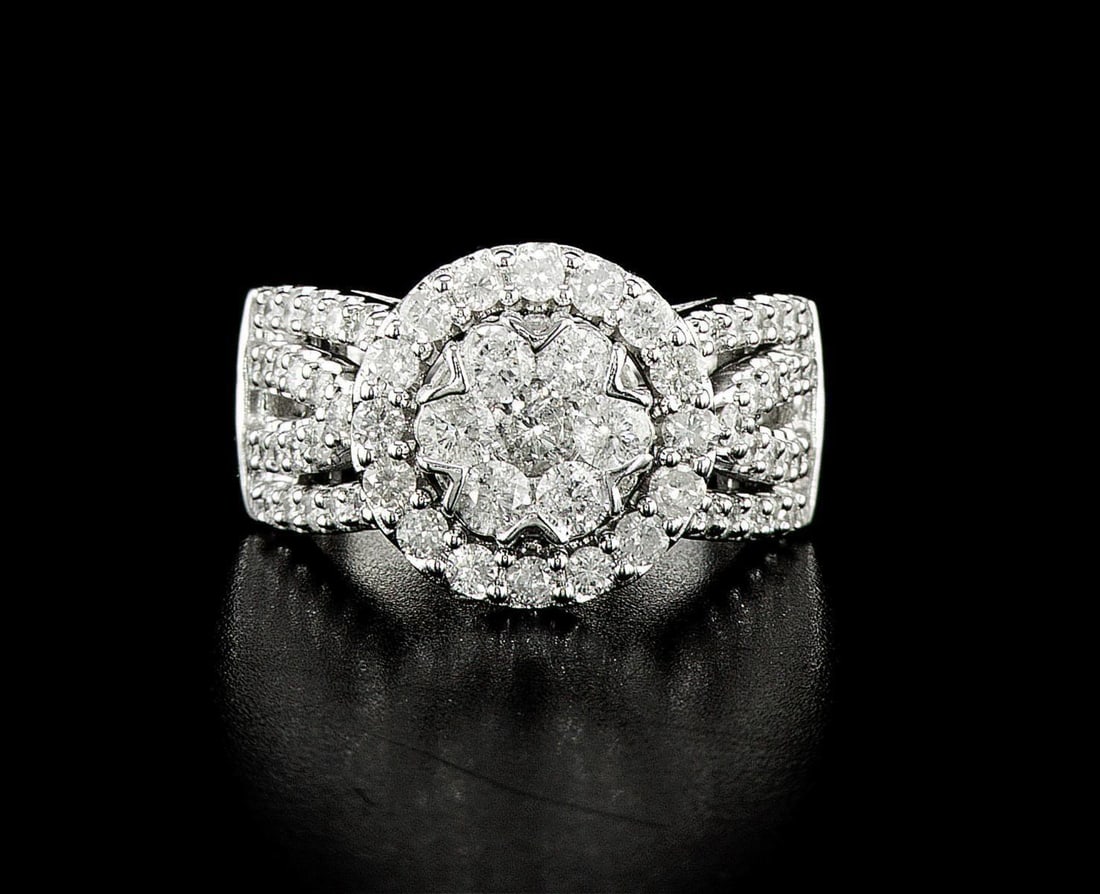 10kt White Gold 1.98ctw Diamond Ring: One 10k white gold ring (10k stamped), set with natural diamonds. Jewelry Weight: 11.07Grs Total Diamonds Weight: 1.98Cts Main Stones Description: Cut and shape: Round Brilliant Carats Weight: 1.98 Cl
