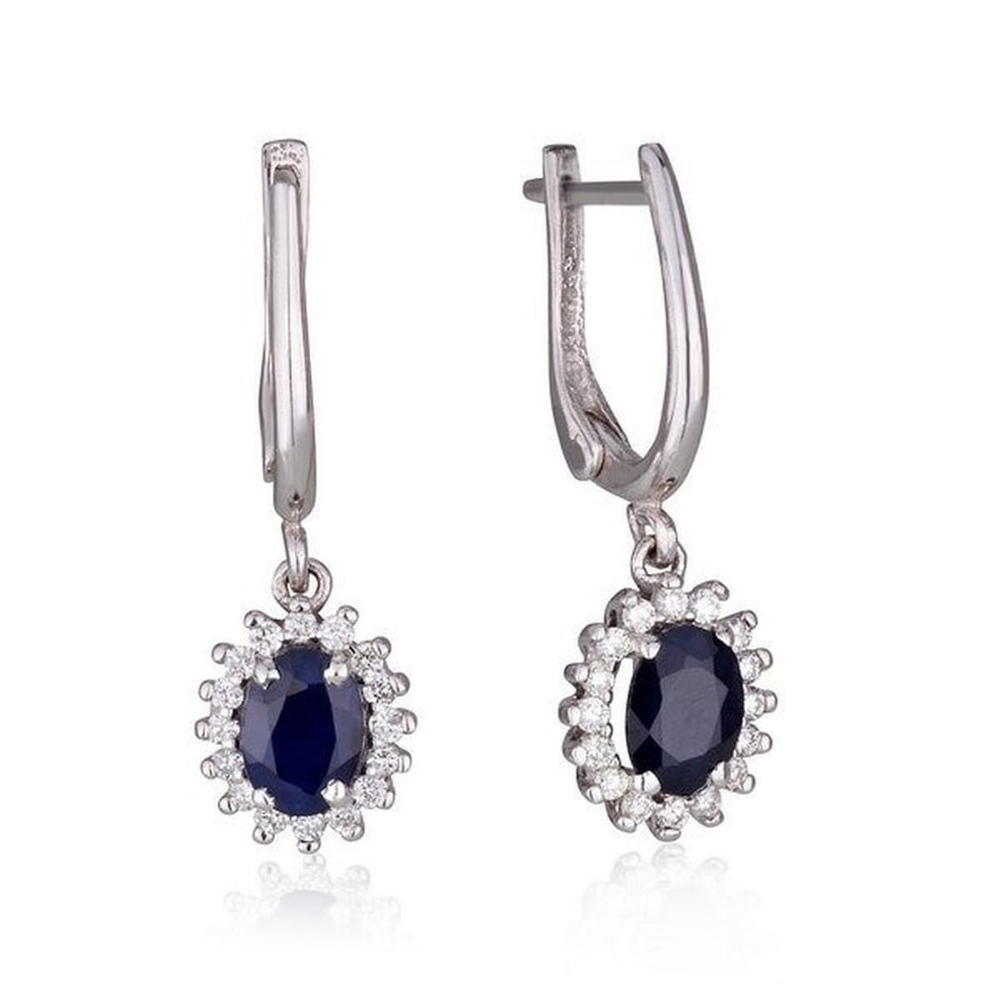 14kt White Gold 0.4ctw Diamond Earrings: One pair of 14k white gold earrings Jewelry Weight: 4.1Grs Total Diamonds Weight: 0.4Cts Main Stones Description: Quantity: 2 Cut and shape: Oval Carats Weight: 2 Color: Sapphire Side Stones Descripti