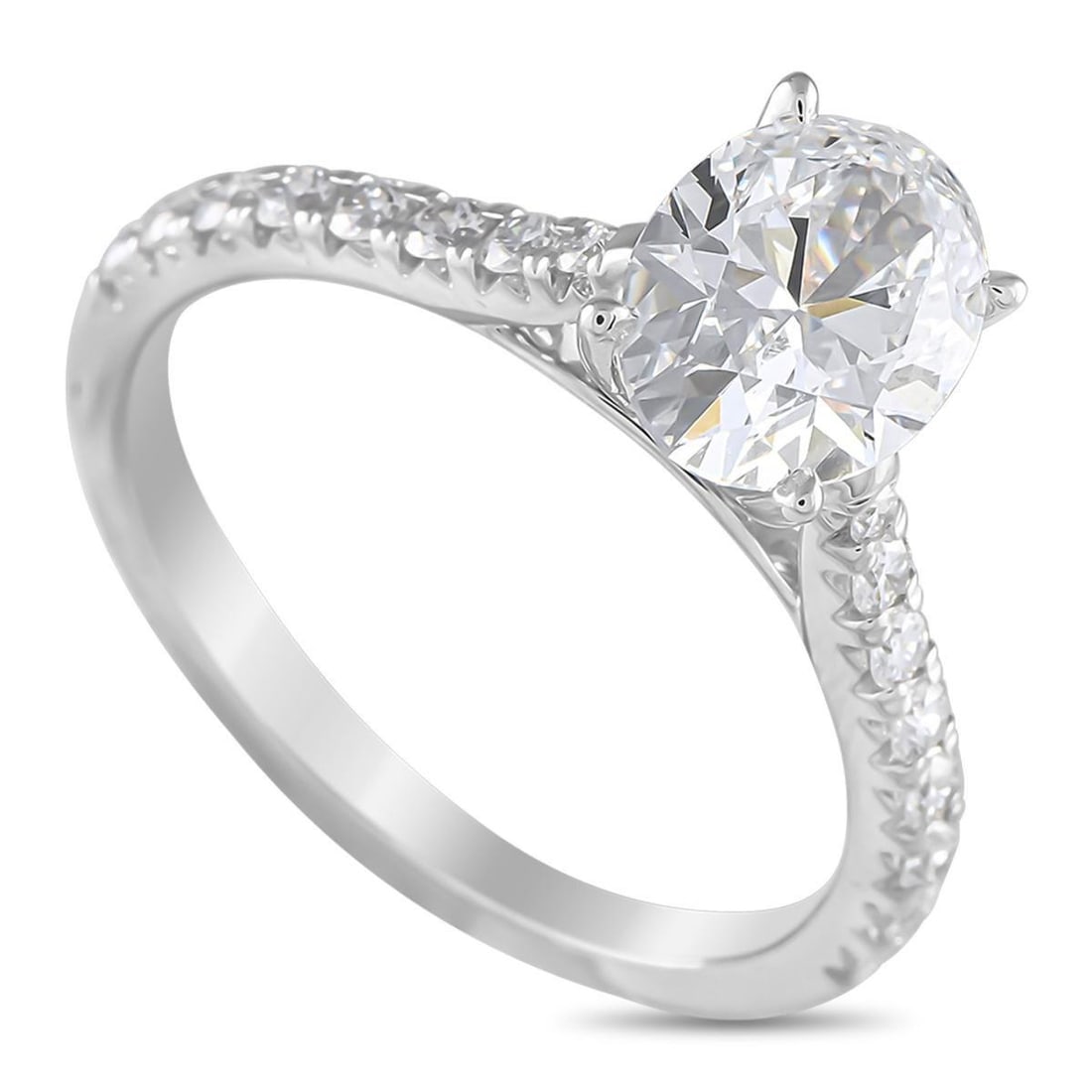 14K WHITE GOLD 2.03CT LAB-GROWN DIAMOND RING: Brilliant Lab Grown Diamonds with a total weight of 2.03 carats allow this ring to sparkle and shine along with your every movement. A 1.68 carat oval-cut Lab Grown Diamond serves as a stunning focal 