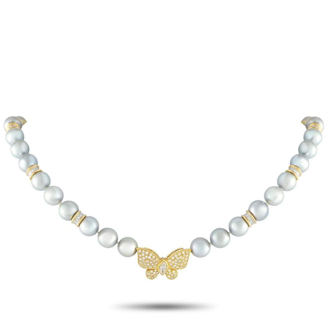 18K YELLOW GOLD 1.47CT DIAMOND AND PEARL BUTTERFLY BROOCH NECKLACE: This exquisite necklace offers two accessories in one. At the center of the 16 strand of silver-blue Pearls lies a lustrous butterfly clasp that can be removed and worn as a brooch. This incredibly un