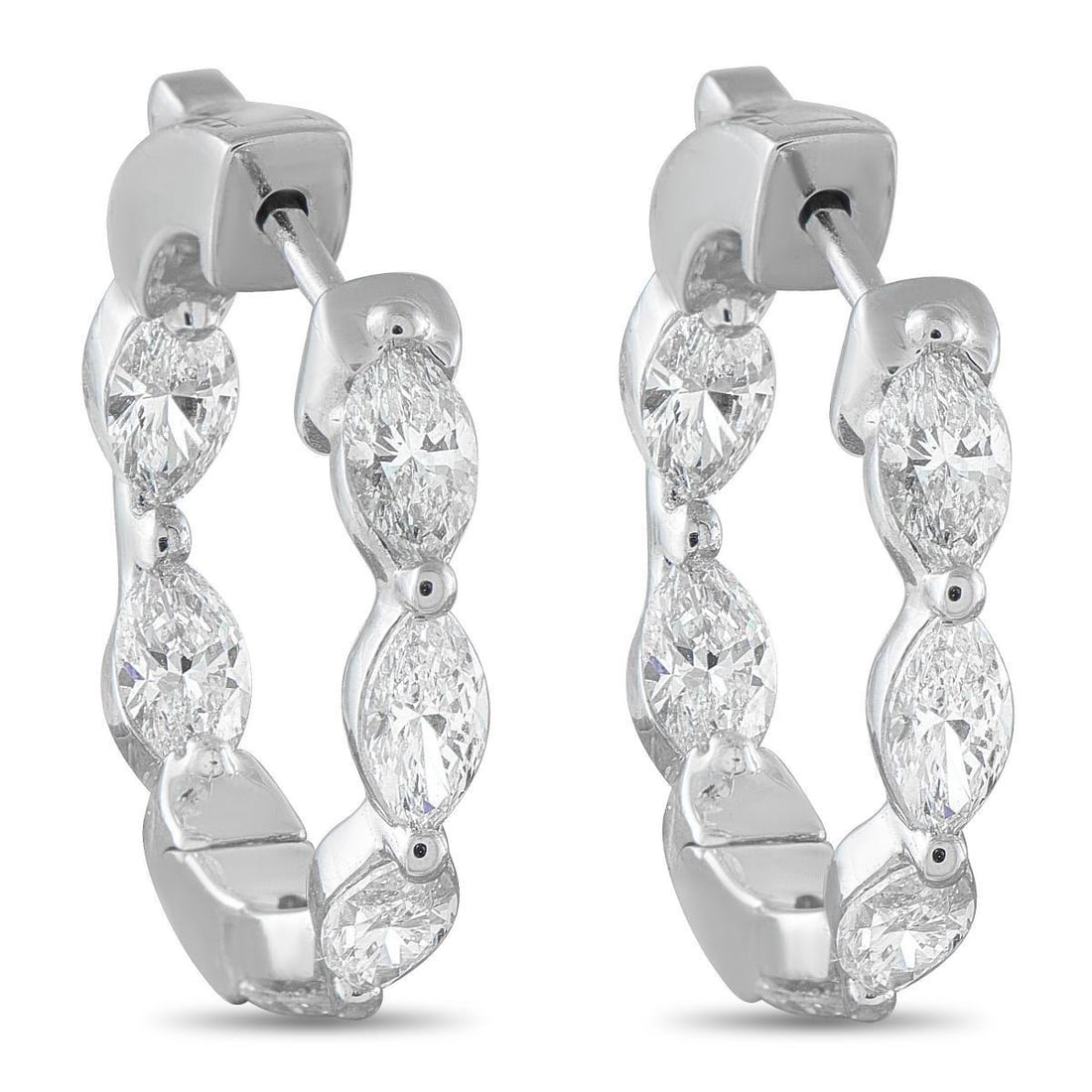 18K WHITE GOLD 2.40CT DIAMOND HOOP EARRINGS: Simple and stylish, these luxury earrings offer unique elegance. Marquise-cut Diamonds with a total weight of 2.40 carats continually catch the light and capture your imagination. Set in 18K White Gol
