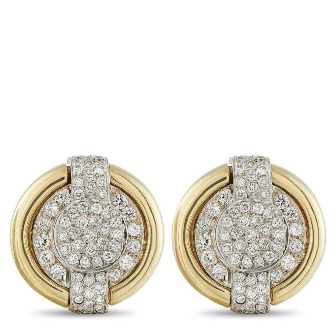 DAVID WEBB 18K YELLOW GOLD 3.80CT DIAMOND EARRINGS: Sparkling Diamonds with a total weight of 3.80 carats allow these David Webb earrings to effortlessly radiate light. Simple and sophisticated, each one features a circular 18K Yellow Gold setting meas