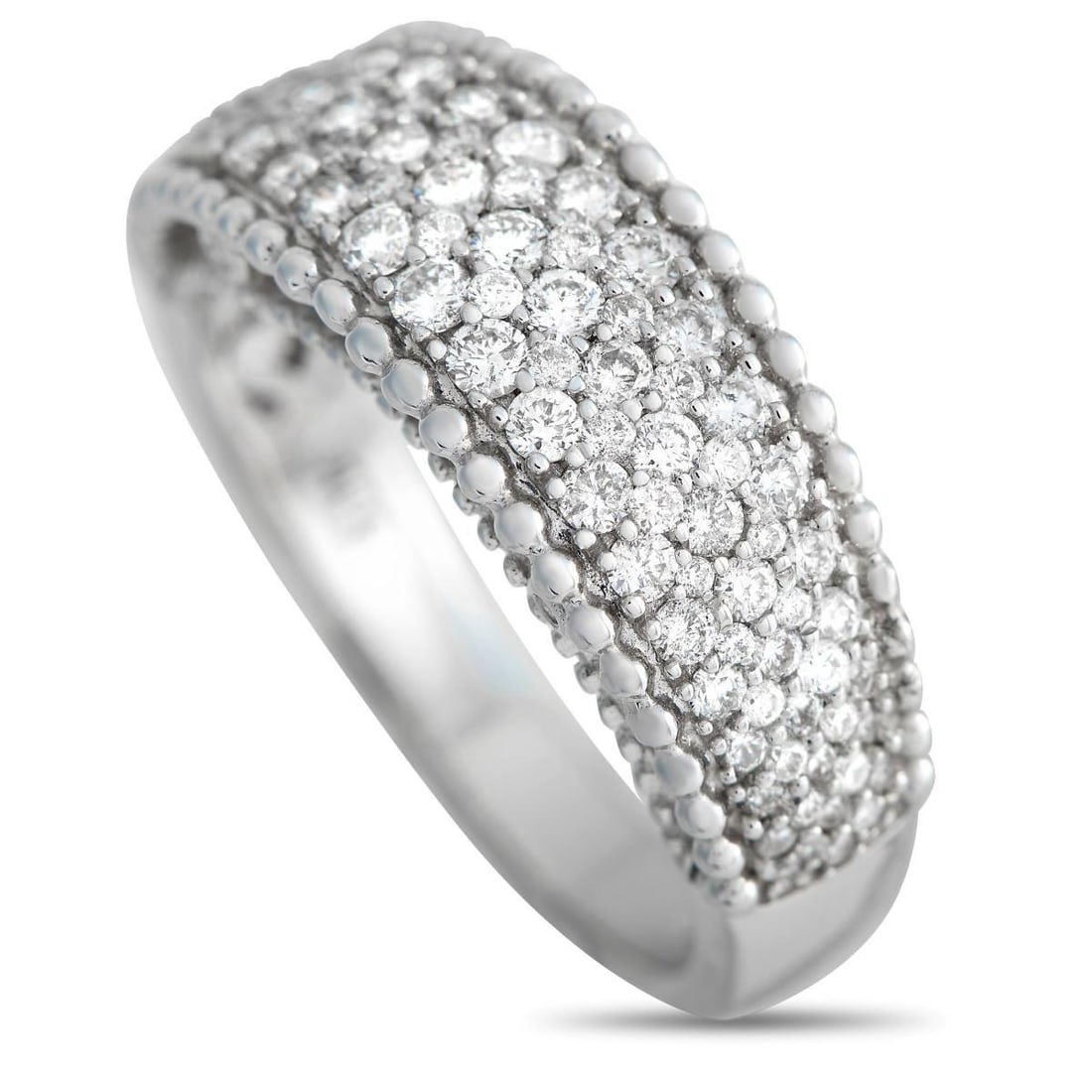 14K WHITE GOLD 1.0CT DIAMOND RING: A 14K white gold setting with delicate millegrain accents at the edges provides the perfect foundation for this rings sparkling inset diamonds, which together total 1.0 carats. Elegant and ideal for e