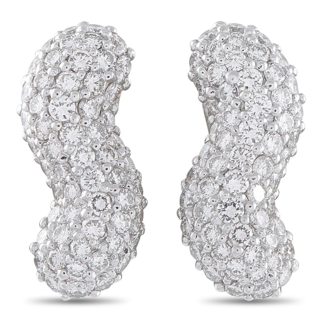 18K WHITE GOLD 5.30CT DIAMOND EARRINGS: These luxury earrings are full of light and full of movement. Curved 18K White Gold settings provide them with a sleek sense of simplicity, while Diamonds with a total weight of 5.30 carats make a
