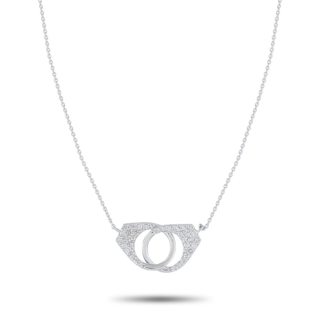 14K WHITE GOLD 0.15CT DIAMOND PAVE HANDCUFF PENDANT NECKLACE: Lock a little sparkle around your neck with this diamond necklace. The pendant, shaped like interlocking handcuffs and pav-set with 0.15 carats of petite diamonds, measures 0.32 by 0.63. It is held by
