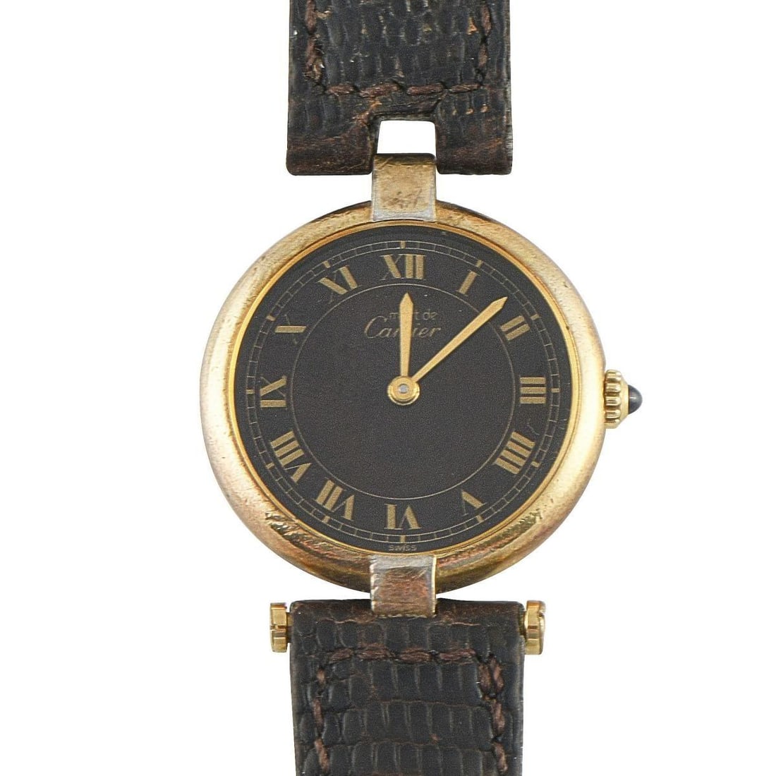 CARTIER MUST DE CARTIER VENDME BLACK DIAL VERMEIL QUARTZ WATCH - MISSING PIN: This Must de Cartier from the 1990s features a rare black Roman dial and elegant Vendme logs.Its 30mm case and lugs are crafted from gold-plated sterling silver, and it is paired with a leather strap 