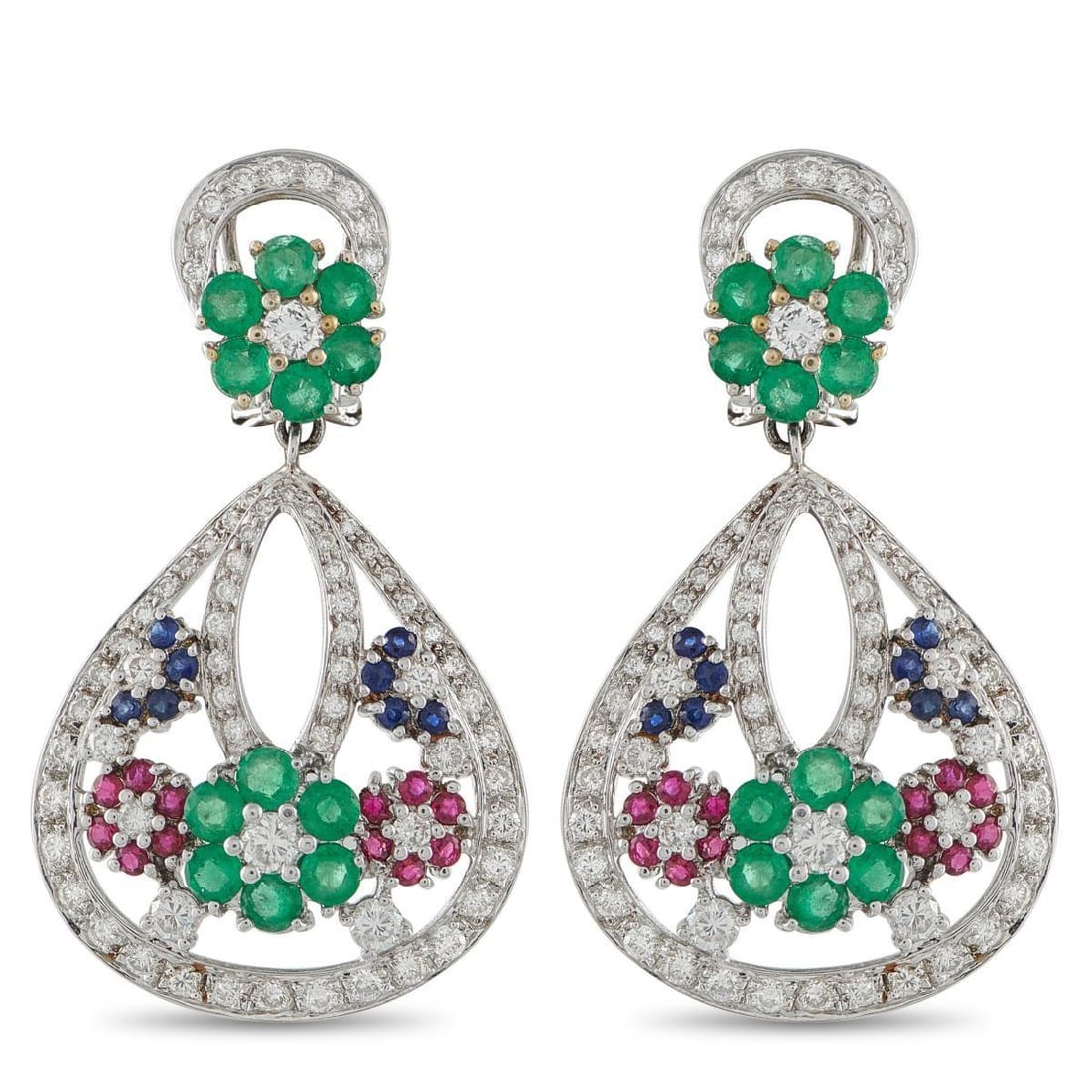 18K WHITE GOLD 1.85CT DIAMOND, SAPPHIRE, RUBY, AND EMERALD EARRINGS: These luxury earrings capture the beauty of a garden in bloom. Floral motifs adorned with Sapphires, Rubies, and Emeralds add charm to the delicate design. Sparkling Diamonds with a total weight of 1.